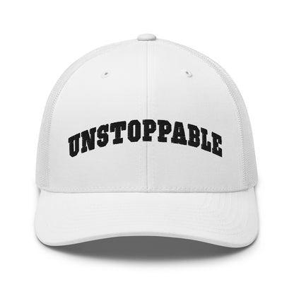 white Unstoppable Trucker Hat mindset-driven by Wear Grit Brand Apparel – structured performance trucker hat for discipline, focus, and consistency