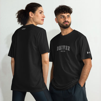 a model wearing Under Armour Driven T-Shirt Motivational– quick-dry workout apparel performance shirt for gym, running, and fitness training