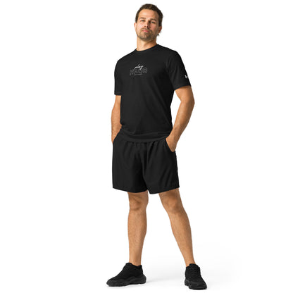 Man wearing a black t-shirt and shorts set wearing Motivational gym shirt – Under Armour athletic wear with Play Hard Work Harder graphic, unisex performance t-shirt for running, fitness, and gym sessions, athletic workout tee