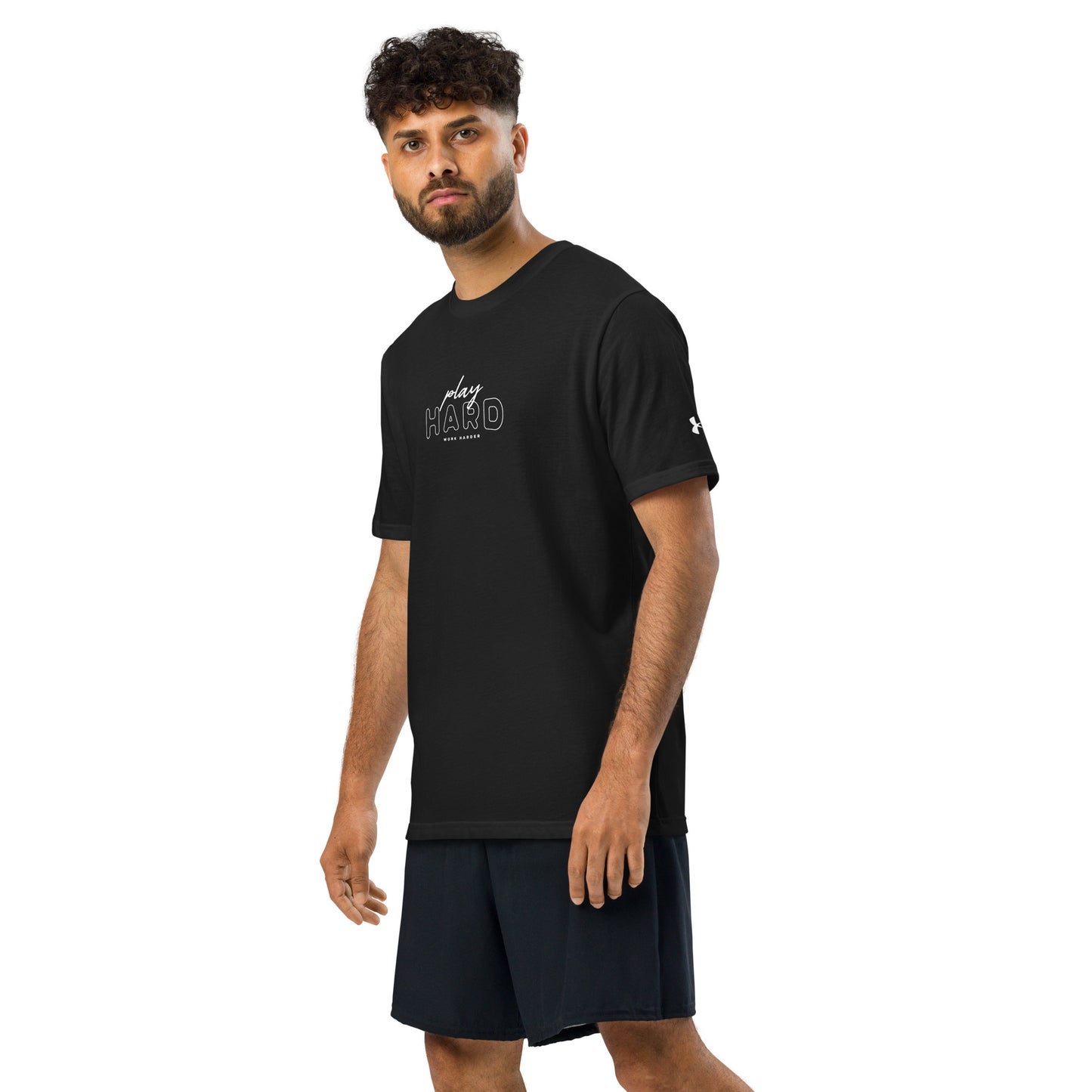 Motivational gym shirt – Under Armour athletic wear with Play Hard Work Harder graphic, unisex performance t-shirt for running, fitness, and gym sessions, athletic workout tee