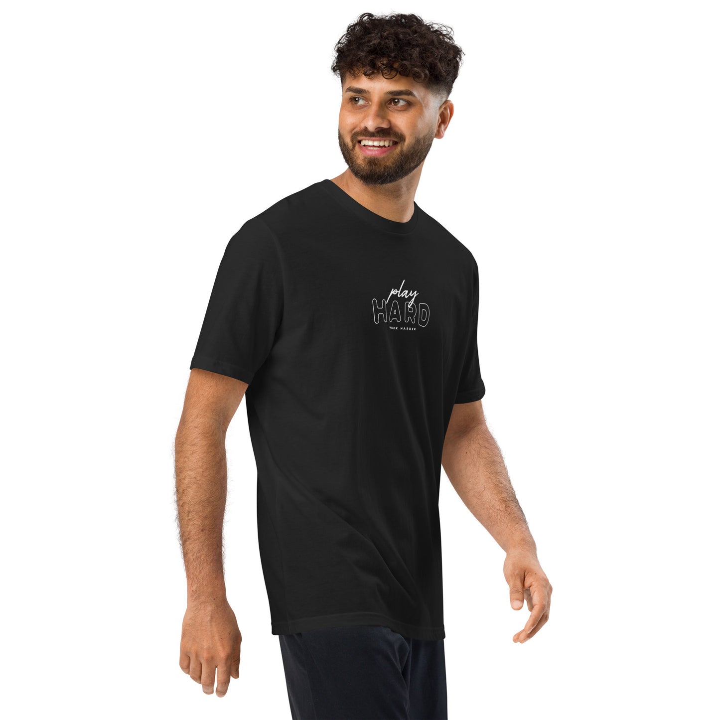 Man wearing a Motivational gym shirt – Under Armour athletic wear with Play Hard Work Harder graphic, unisex performance t-shirt for running, fitness, and gym sessions, athletic workout tee