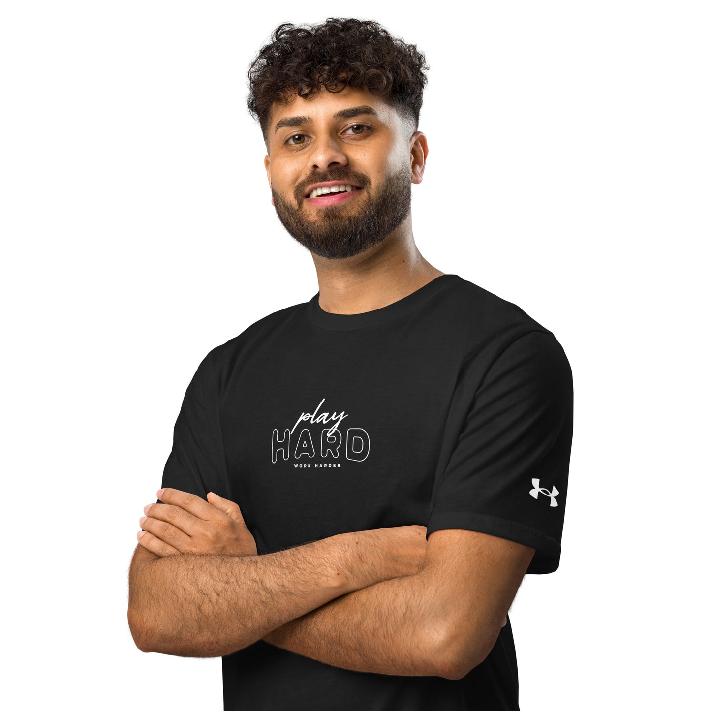 Motivational gym shirt – Under Armour athletic wear with Play Hard Work Harder graphic, unisex performance t-shirt for running, fitness, and gym sessions, athletic workout tee