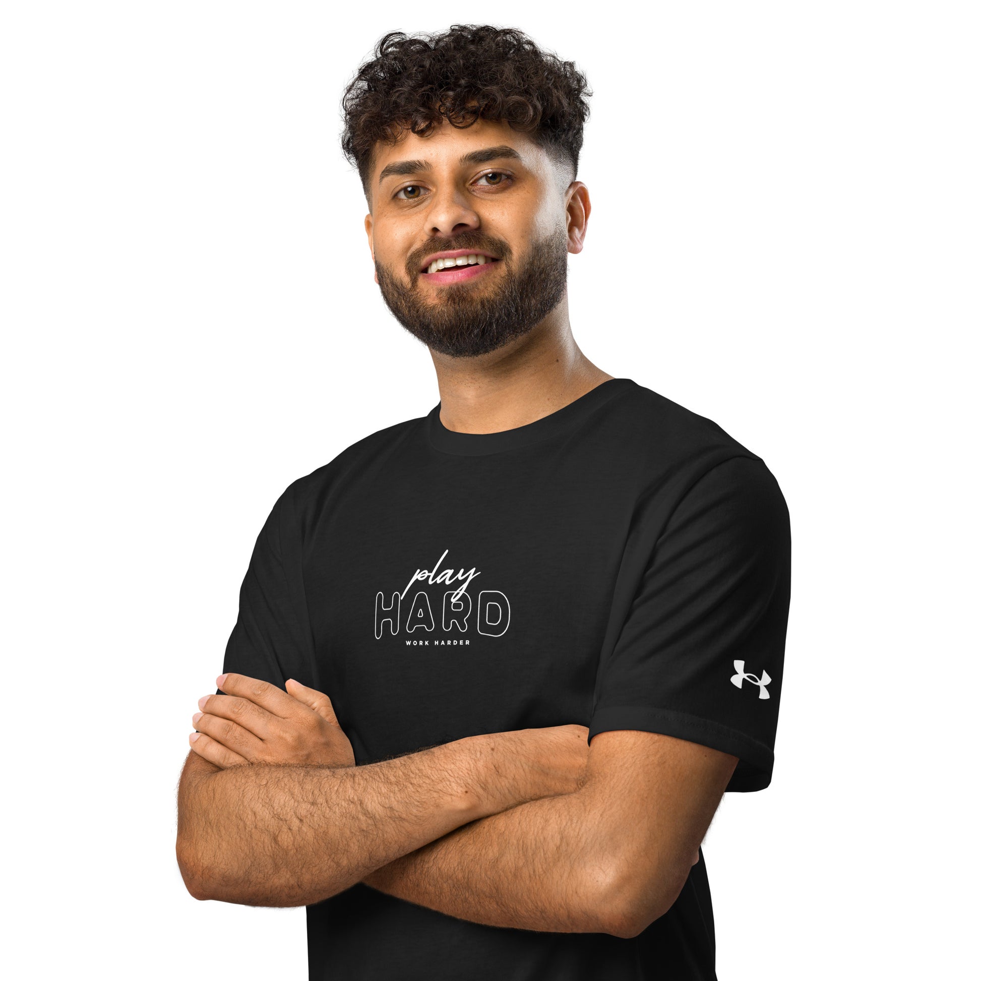 Motivational gym shirt – Under Armour athletic wear with Play Hard Work Harder graphic, unisex performance t-shirt for running, fitness, and gym sessions, athletic workout tee