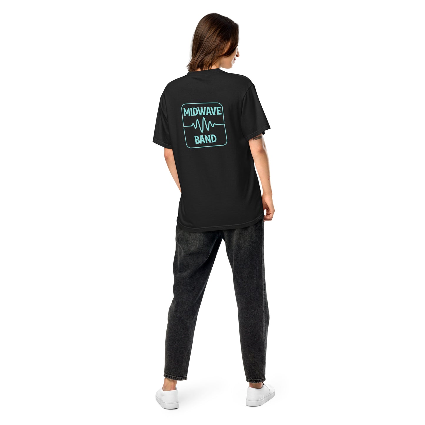 Midwave Band custom order t-shirt worn at outdoor concert – soft heavyweight cotton music festival apparel