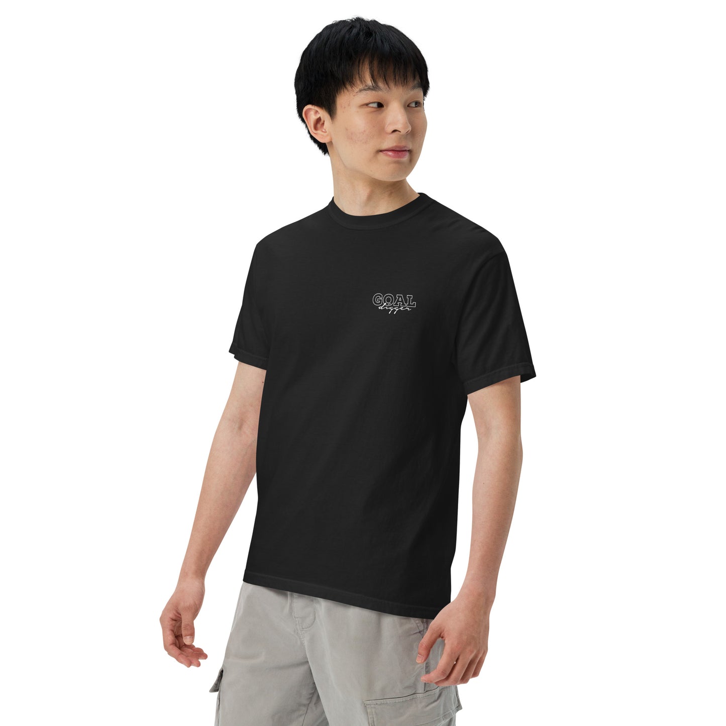 Model wearing Goal Digger motivational affirmation shirt made of 100% cotton, relaxed unisex fit, promoting grit, mindset, and growth-focused fashion by Wear Grit Brand clothing