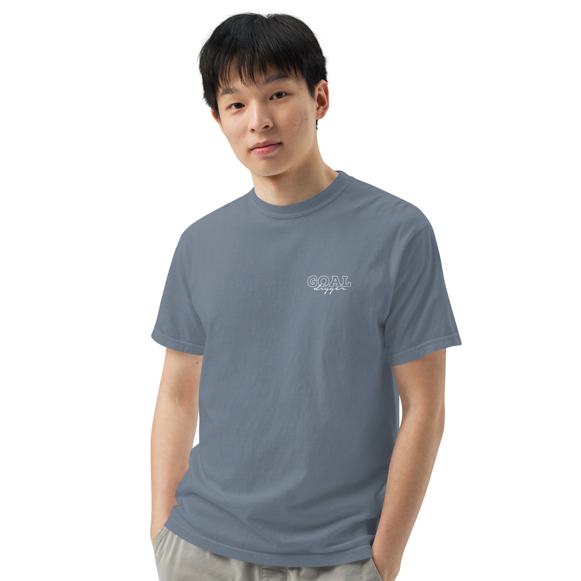 Model wearing Goal Digger motivational affirmation shirt made of 100% cotton, relaxed unisex fit, promoting grit, mindset, and growth-focused fashion by Wear Grit Brand clothing
