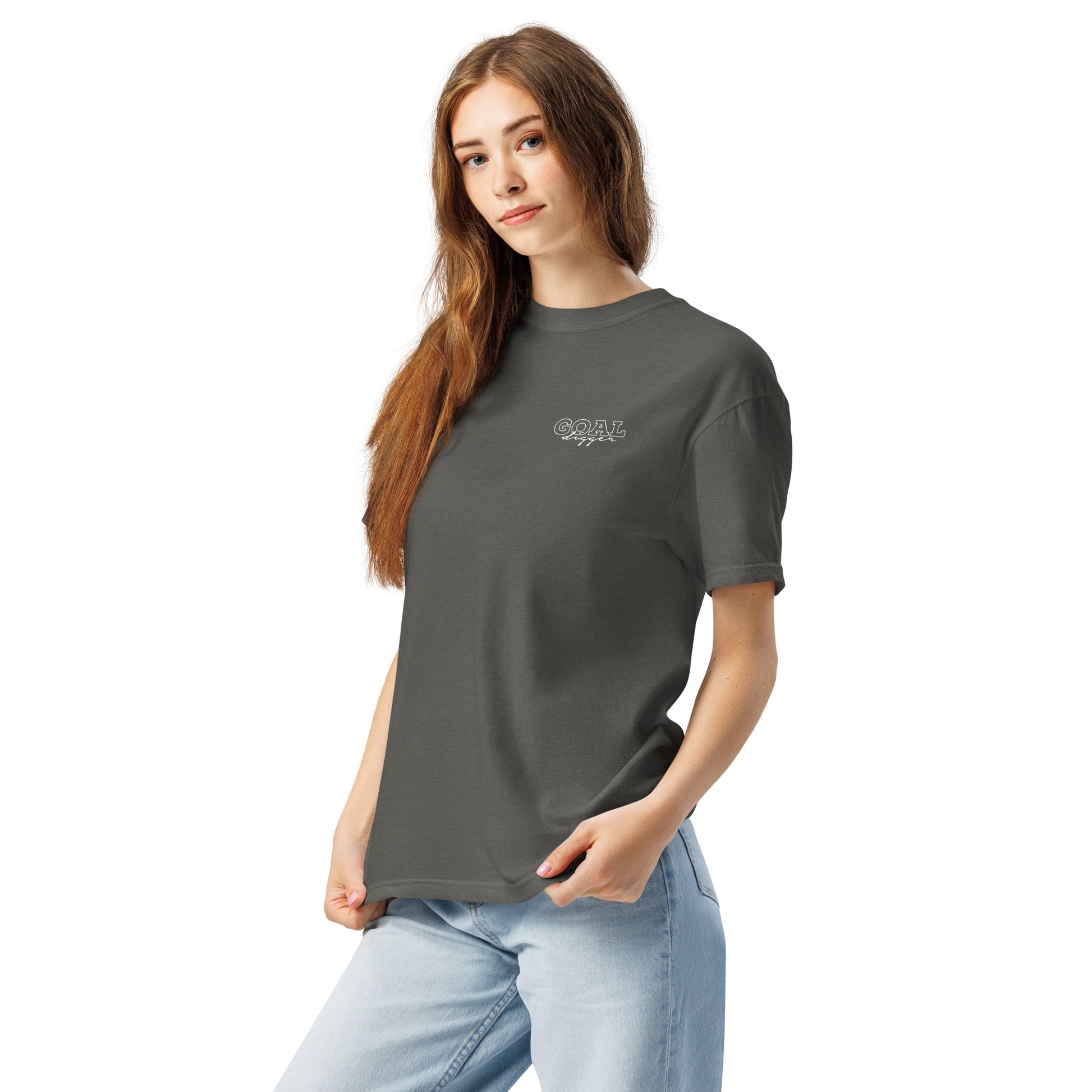 Model wearing Goal Digger motivational affirmation shirt made of 100% cotton, relaxed unisex fit, promoting grit, mindset, and growth-focused fashion by Wear Grit Brand clothing