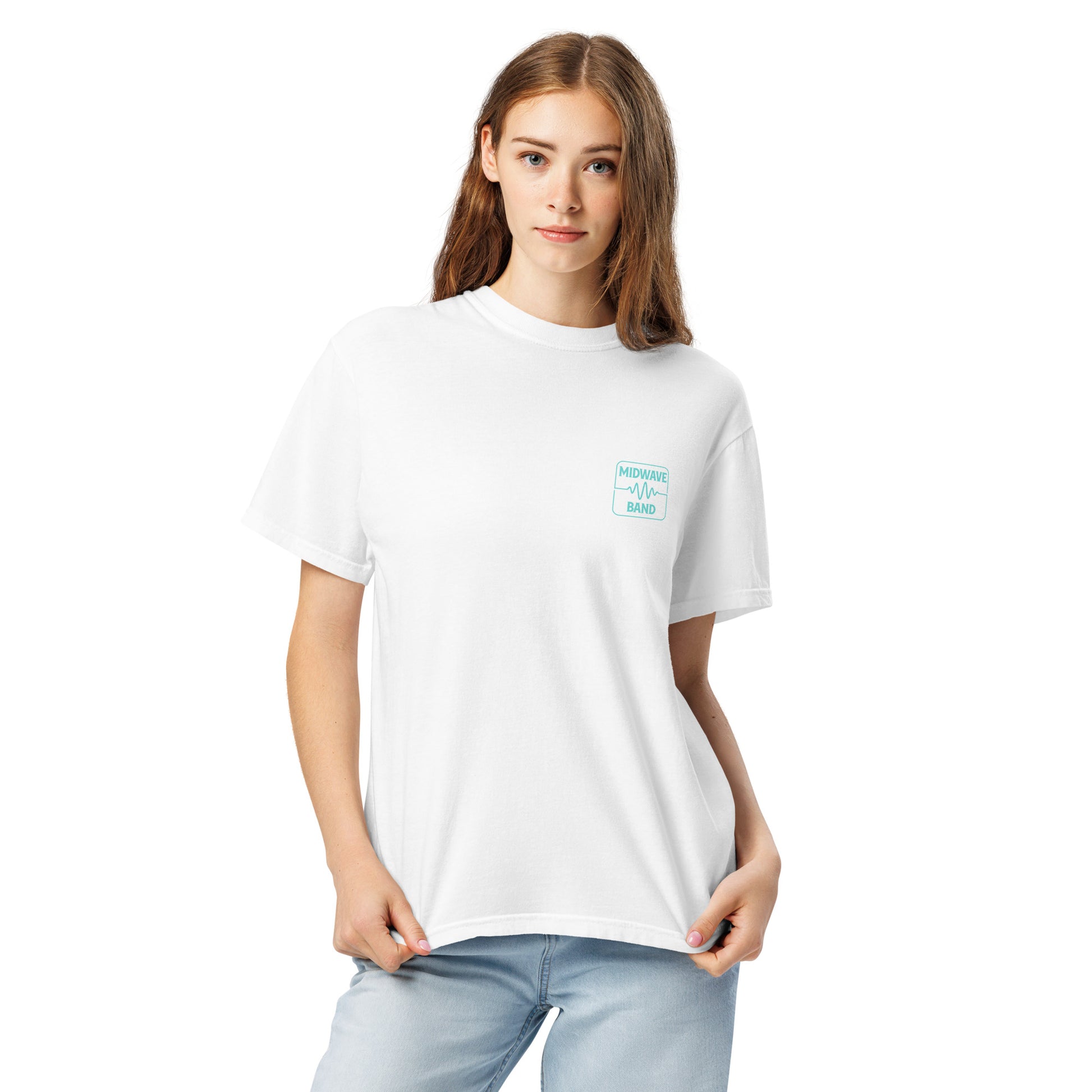 Midwave Band custom order t-shirt worn at outdoor concert – soft heavyweight cotton music festival apparel