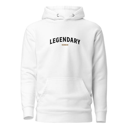 White hoodie with 'Legendary' text on a white background | Wear Grit brand clothing