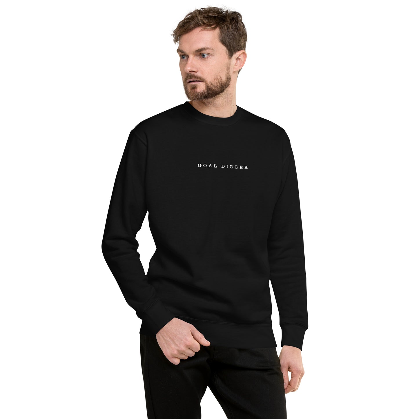 A male Model wearing Goal Digger Premium Sweatshirt—motivational mindset apparel for achievers | inspirational sweater clothing by Wear Grit Brand.
