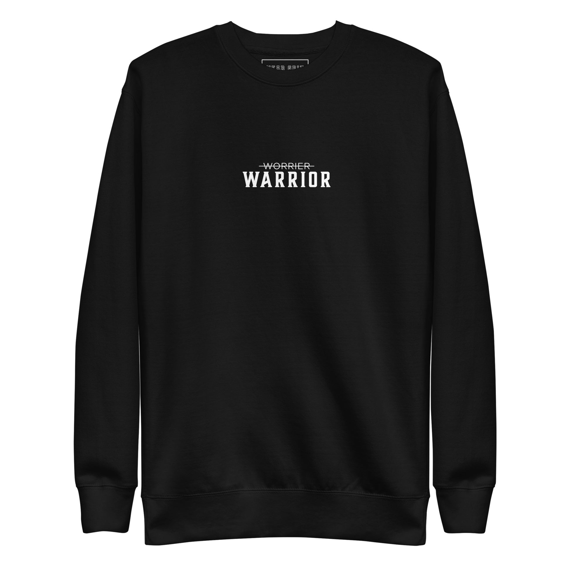 Black sweatshirt with 'Warrior' text on a white background, motivational apparel from wear grit clothing brand
