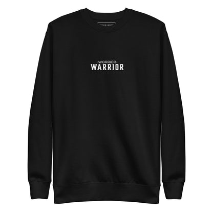 Black sweatshirt with 'Warrior' text on a white background, motivational apparel from wear grit clothing brand