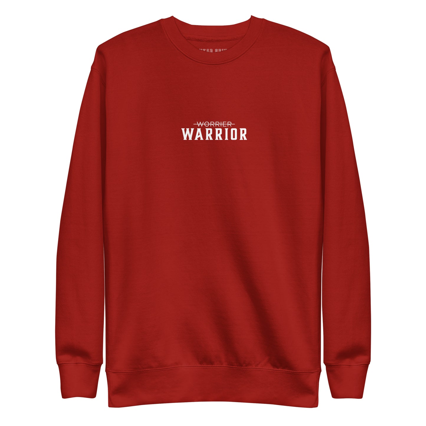 red sweatshirt with 'Warrior' text on a white background, motivational apparel from the Wear Grit clothing brand