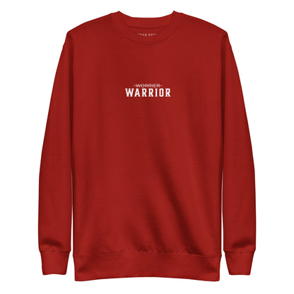 red sweatshirt with 'Warrior' text on a white background, motivational apparel from the Wear Grit clothing brand
