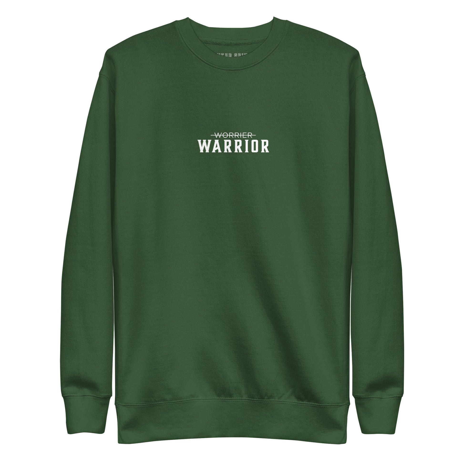 green premium high quality sweatshirt with 'Warrior' text on a white background, motivational apparel from the Wear Grit clothing brand