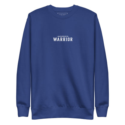 blue premium high quality sweatshirt with 'Warrior' text on a white background, motivational apparel from the Wear Grit clothing brand