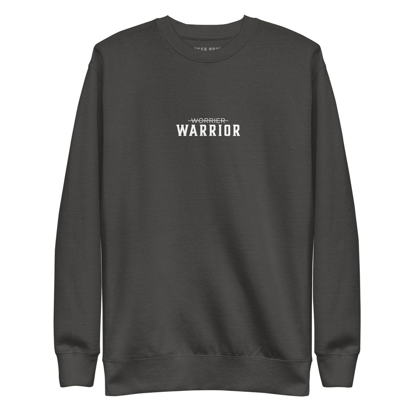 gray premium high quality sweatshirt with 'Warrior' text on a white background, motivational apparel from the Wear Grit clothing brand