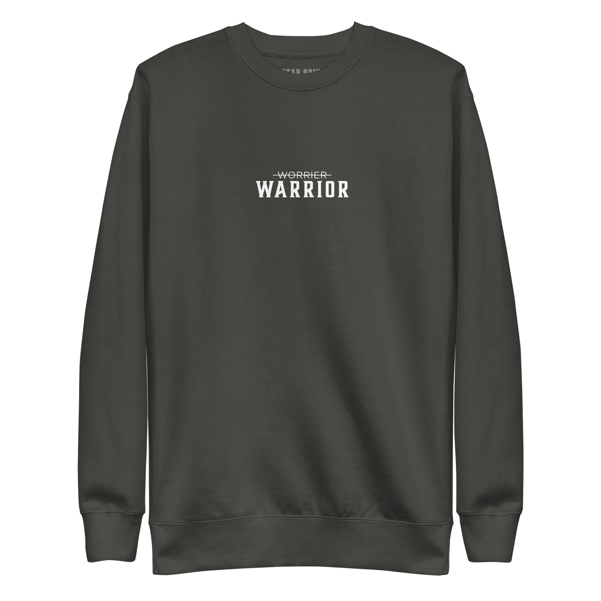 gray premium high quality sweatshirt with 'Warrior' text on a white background, motivational apparel from the Wear Grit clothing brand