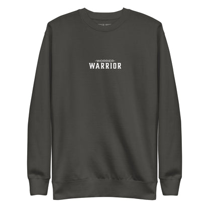 gray premium high quality sweatshirt with 'Warrior' text on a white background, motivational apparel from the Wear Grit clothing brand