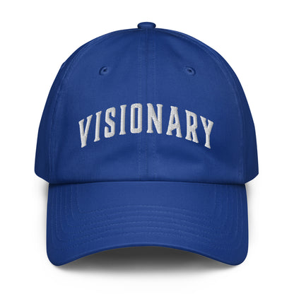 A product shot of a blue Visionary Under Armour® dad hat with embroidered logo, low-profile unstructured design, curved visor, and adjustable strap for focused, clear, and long-term disciplined everyday grind, product by Wear Grit Brand Clothing