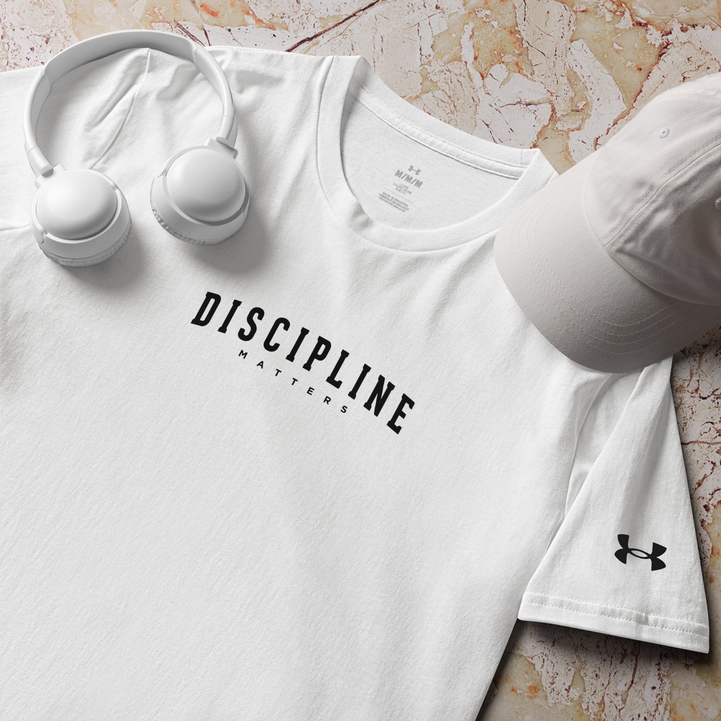 White Discipline Under Armour athletic t-shirt for training, fitness, and mindset-focused motivational performance sportswear by Wear Grit Brand Clothing