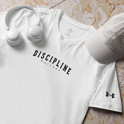 White Discipline Under Armour athletic t-shirt for training, fitness, and mindset-focused motivational performance sportswear by Wear Grit Brand Clothing