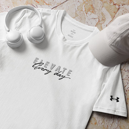 a product shot of a white Elevate Every Day Under ArmourⓇ athletic t-shirt with relaxed fit and premium performance fabric, motivational sportswear by Wear Grit Brand Clothing