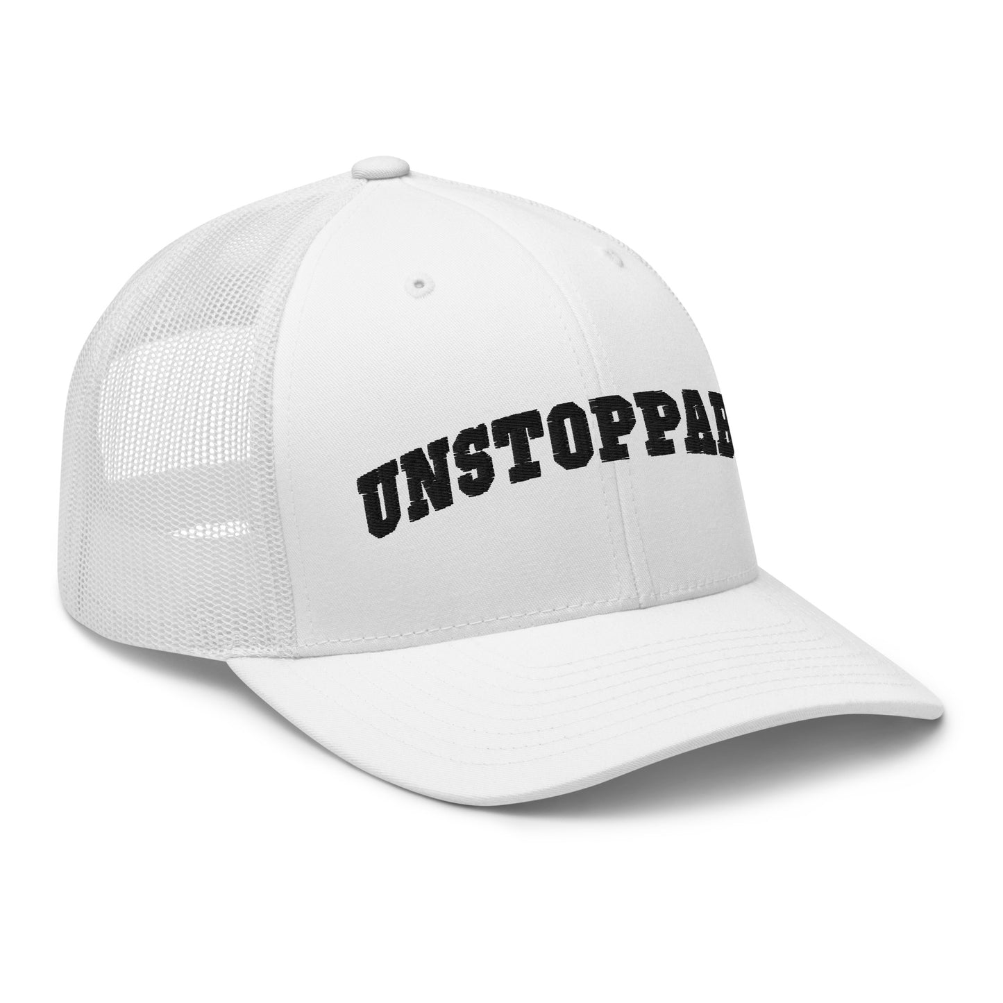 White Unstoppable Trucker Hat mindset-driven by Wear Grit Brand Apparel – structured performance trucker hat for discipline, focus, and consistency