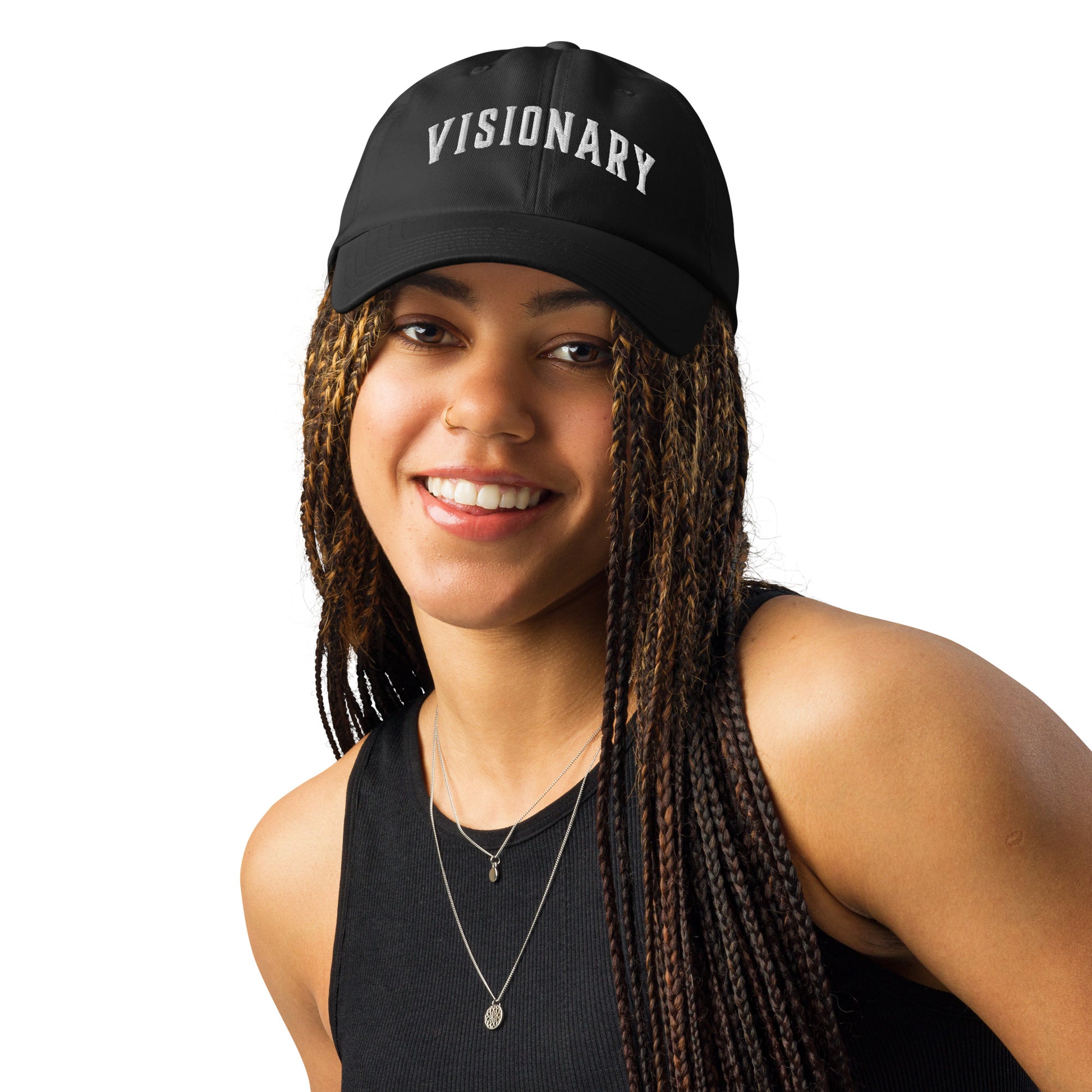 A woman athlete wearing black Visionary Under Armour® dad hat with embroidered logo, low-profile unstructured design, curved visor, and adjustable strap for focused, clear, and long-term disciplined everyday grind, product by Wear Grit Brand Clothing