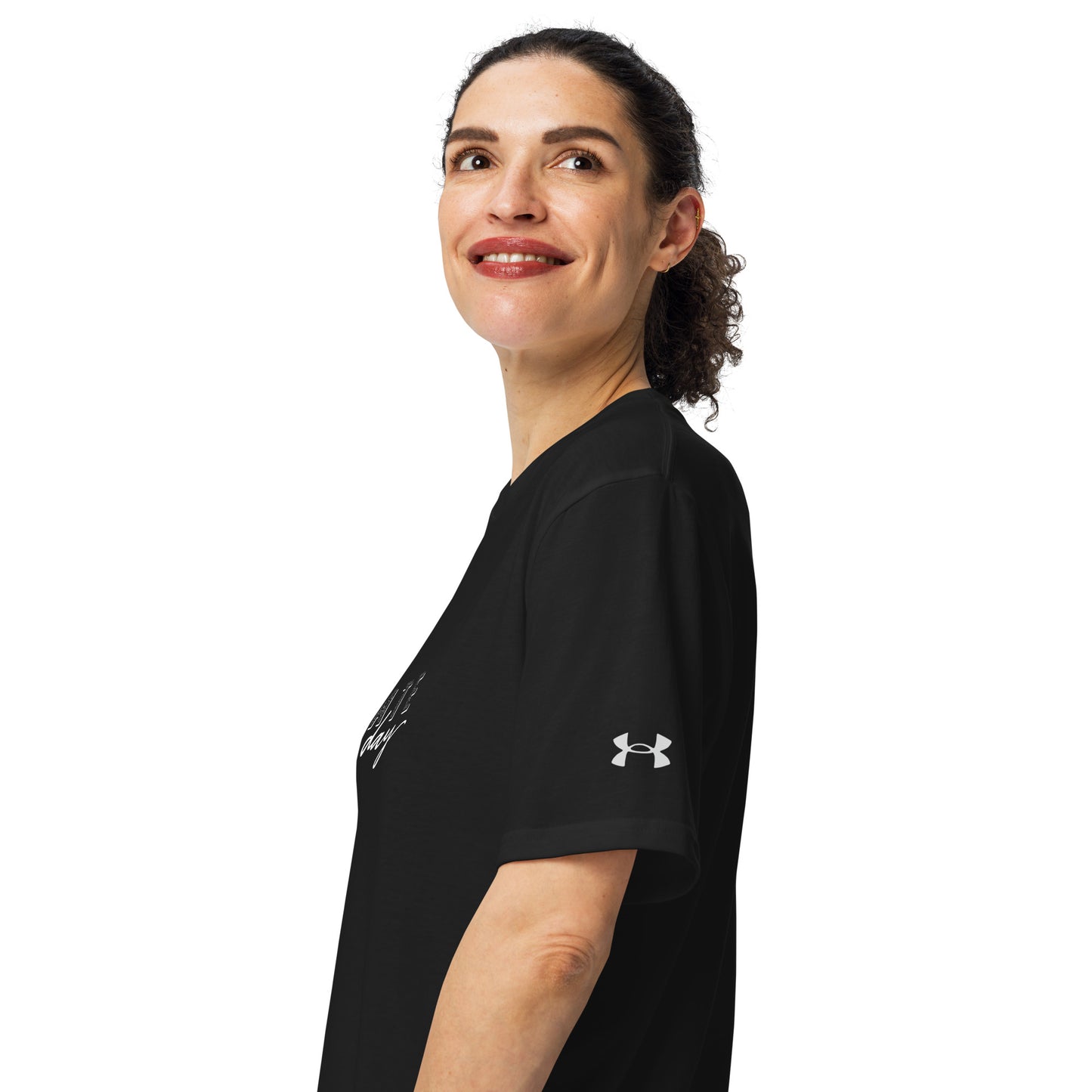 woman wearing Elevate Every Day Under ArmourⓇ athletic t-shirt with relaxed fit and premium performance fabric, motivational sportswear by Wear Grit Brand Clothing