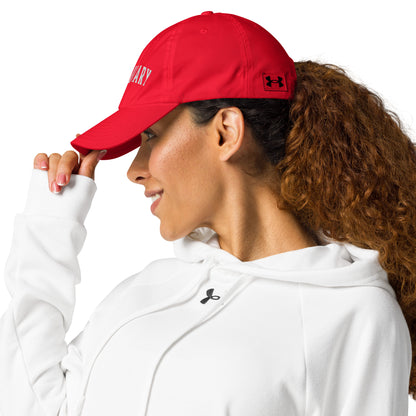 woman on red Visionary Under Armour® dad hat with embroidered logo, low-profile unstructured design, curved visor, and adjustable strap for focused, clear, and long-term disciplined everyday grind, product by Wear Grit Brand Clothing